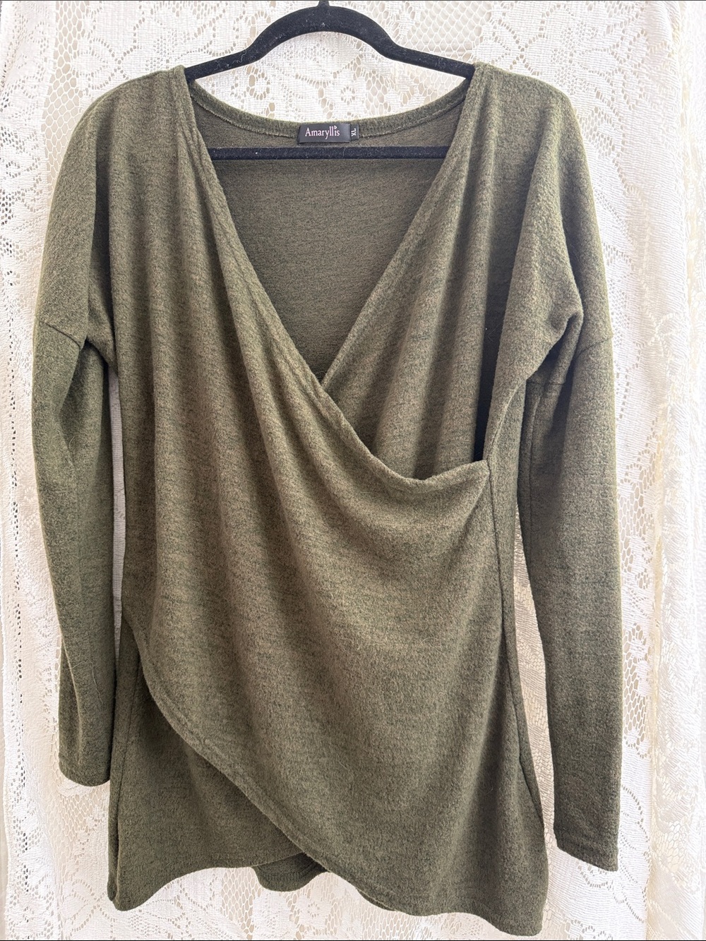 Amaryllis Olive Green Wrap-Front Long Sleeve Top